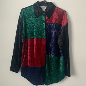 Vintage 90’s Cervelle Long Sleeve Black w/ Color Block Button Down Velvet Shirt